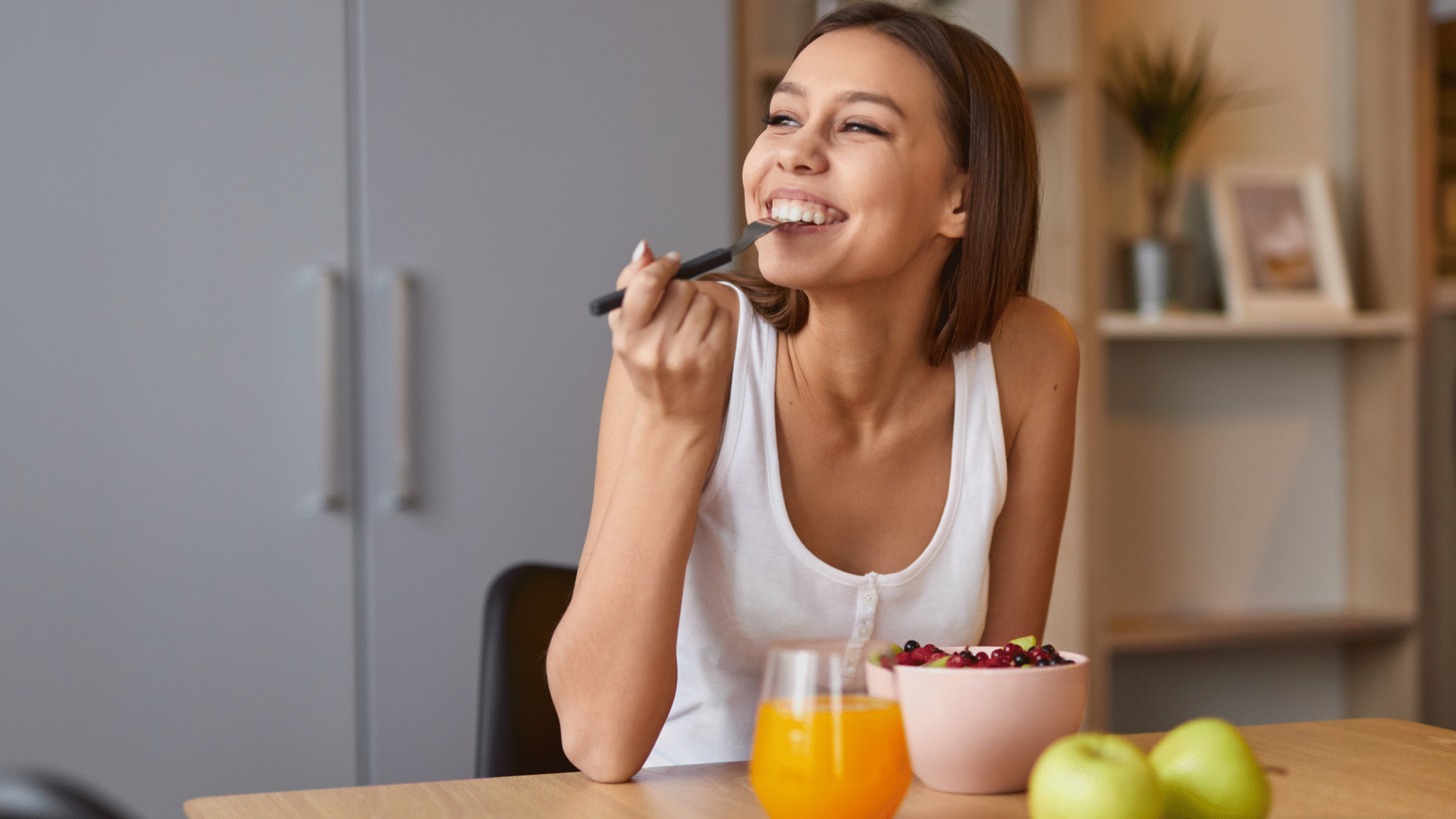 lady eats healthy snack