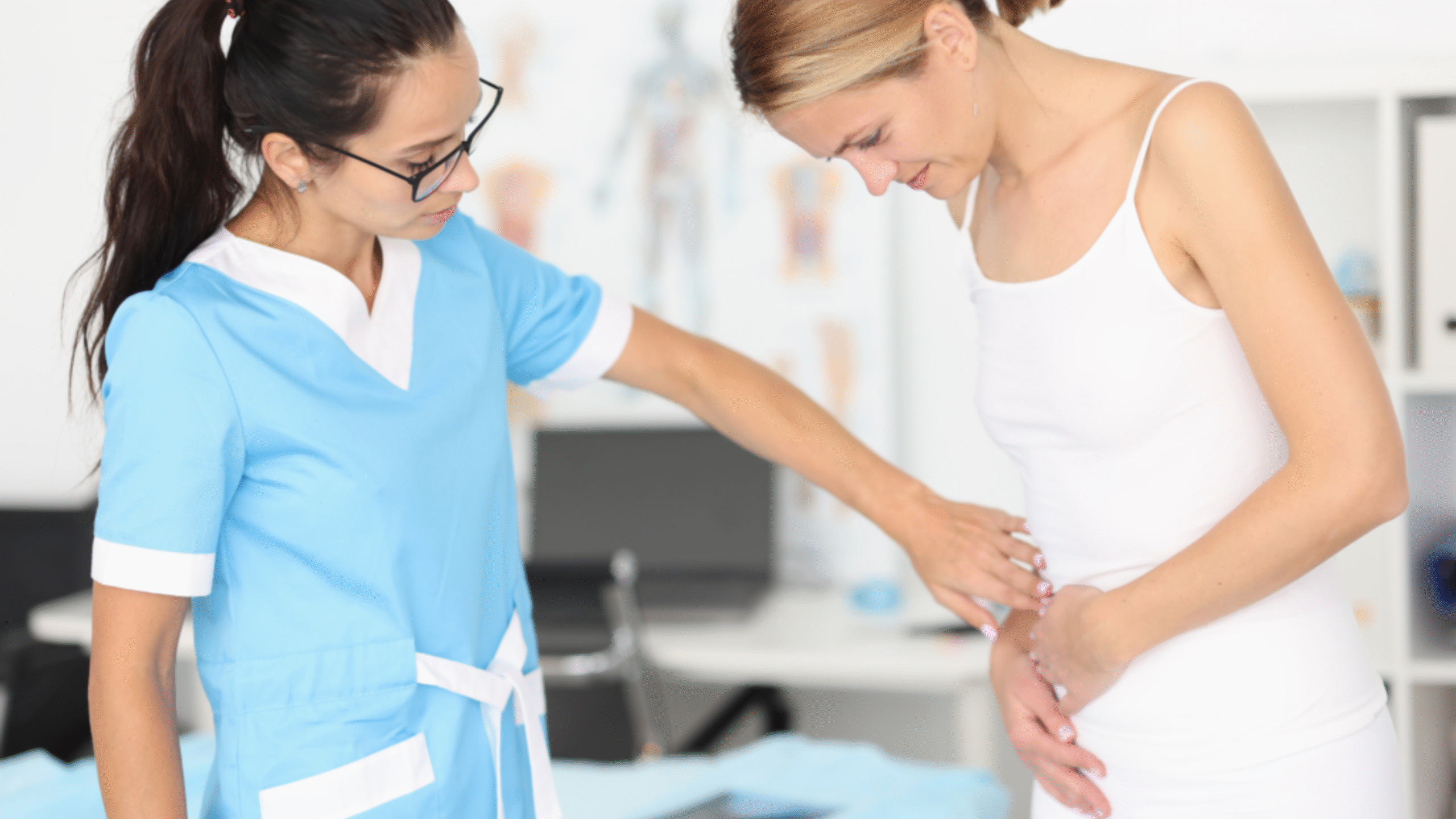 Patient expresses abdominal pain with doctor