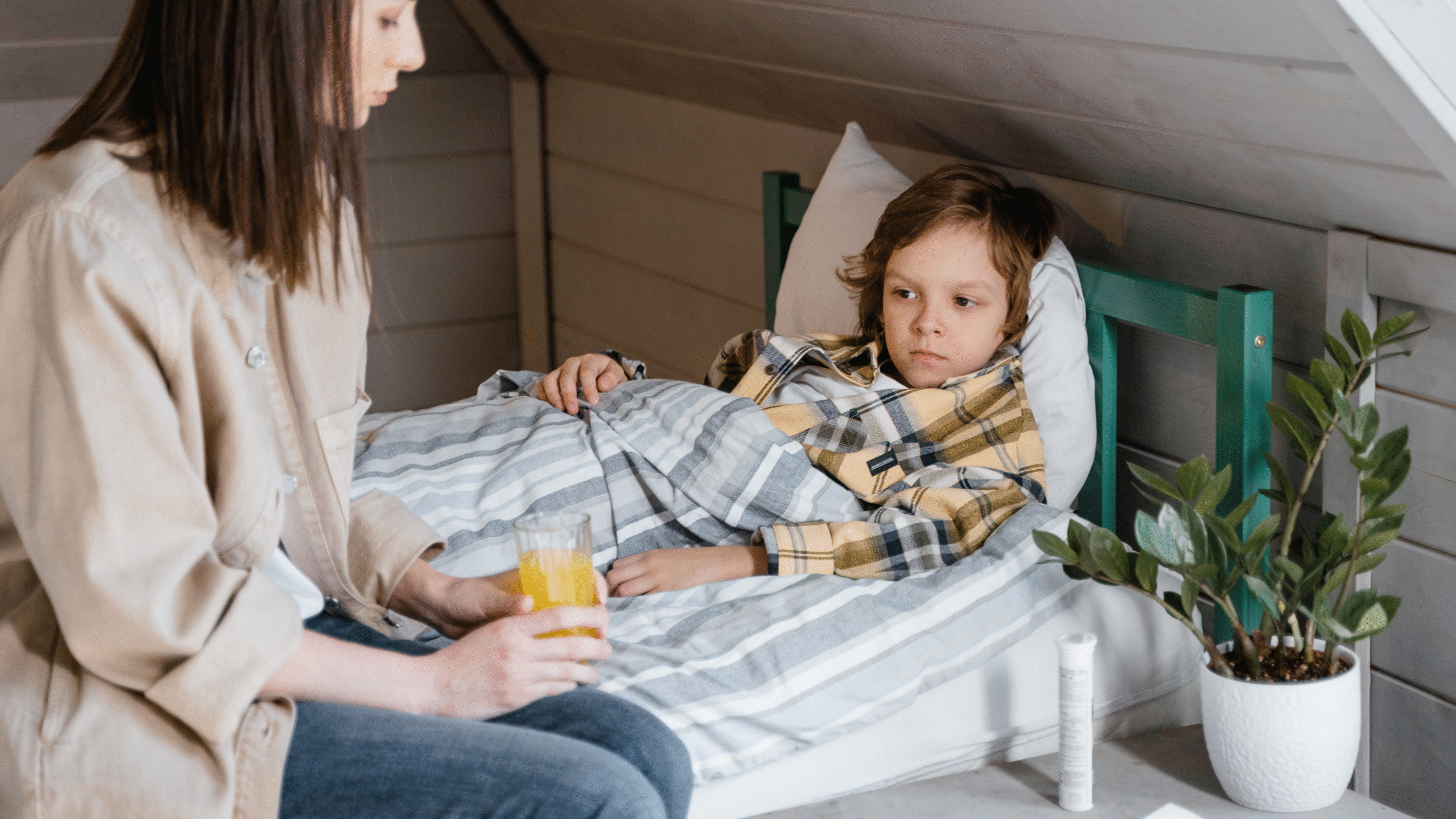 little boy sick in bed after school